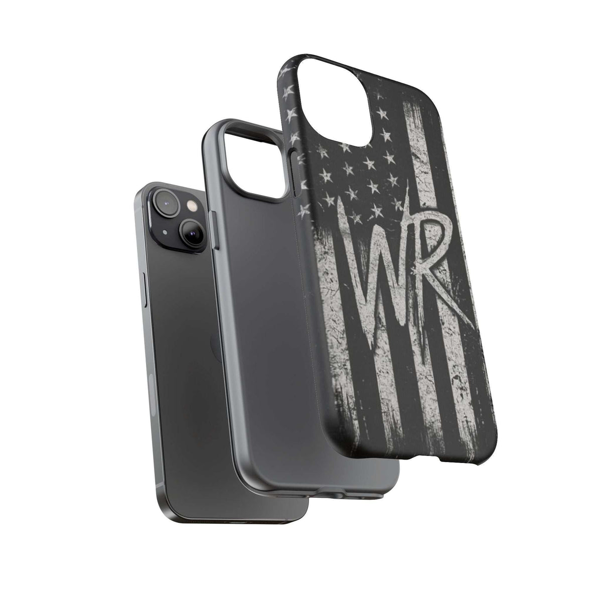 Distressed American flag design on a Patriotic Monogram Tough Phone Case featuring the initials WR by Printify.