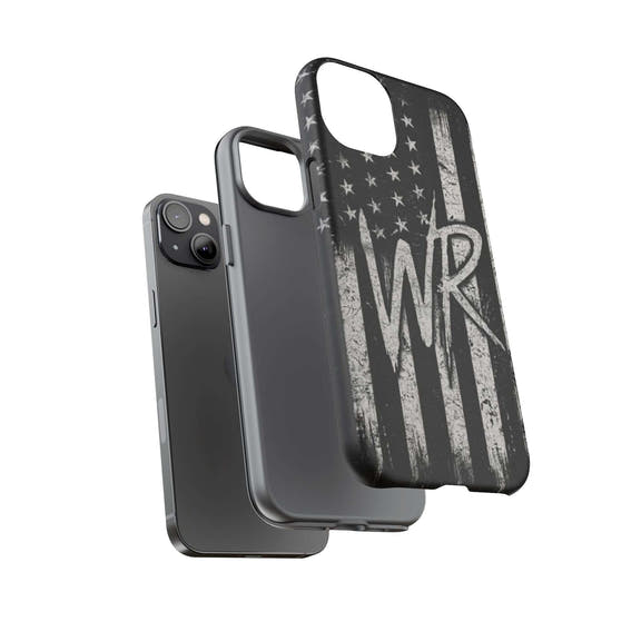 Distressed American flag design on a Patriotic Monogram Tough Phone Case featuring the initials WR by Printify.