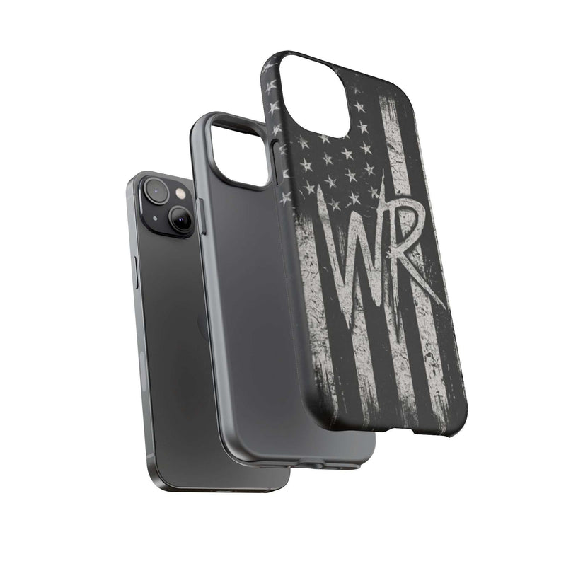 Distressed American flag design on a Patriotic Monogram Tough Phone Case featuring the initials WR by Printify.