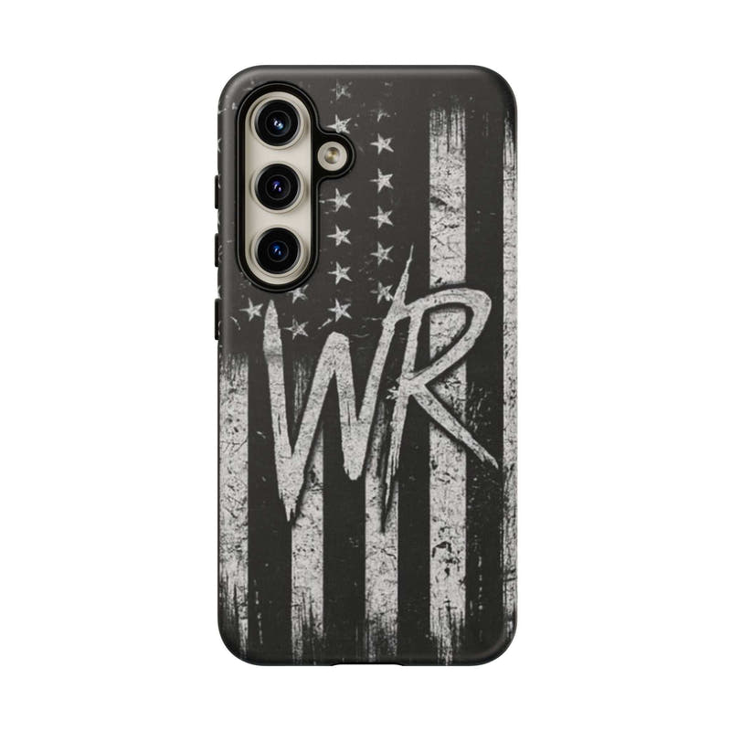 Distressed American flag design on a Patriotic Monogram Tough Phone Case featuring the initials WR by Printify.