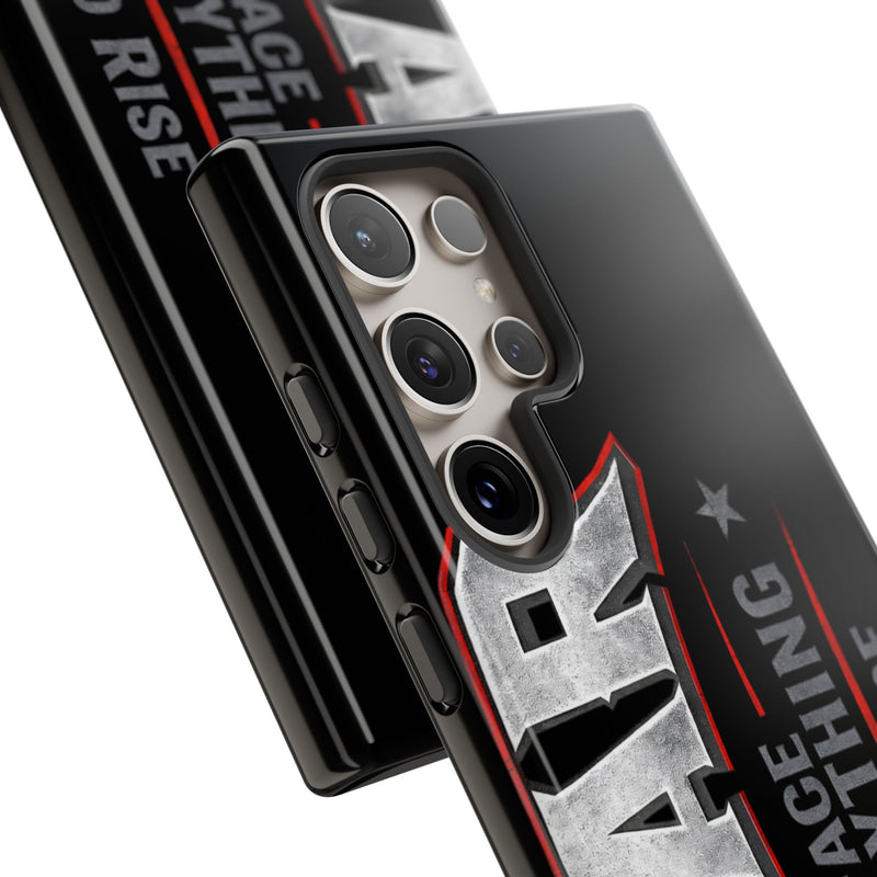 Fear Phone Case by Printify featuring a bold design with motivational text "Face Everything and Rise" on a sleek background.