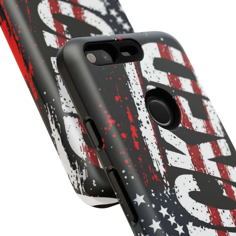 Distressed American flag phone case with "VETERAN" graphic by Printify, showcasing rugged patriotic design and protection.