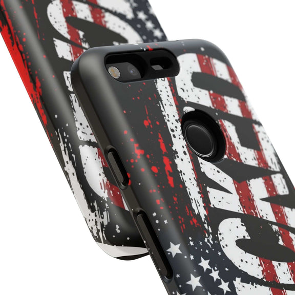 Distressed American flag phone case with "VETERAN" graphic by Printify, showcasing rugged patriotic design and protection.