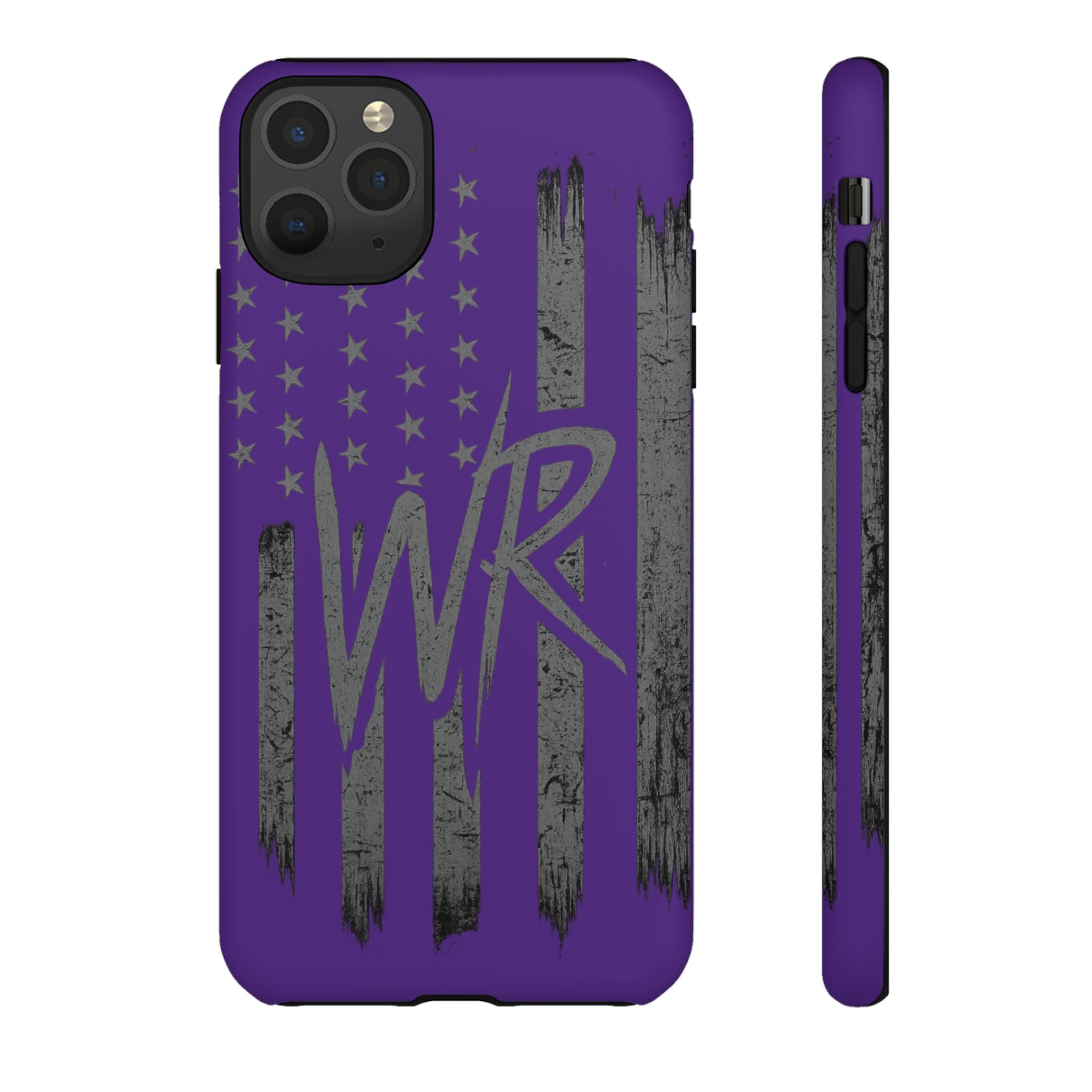 Purple 'WR' flag tough phone case by Printify with durable design and precise cutouts for buttons and camera.