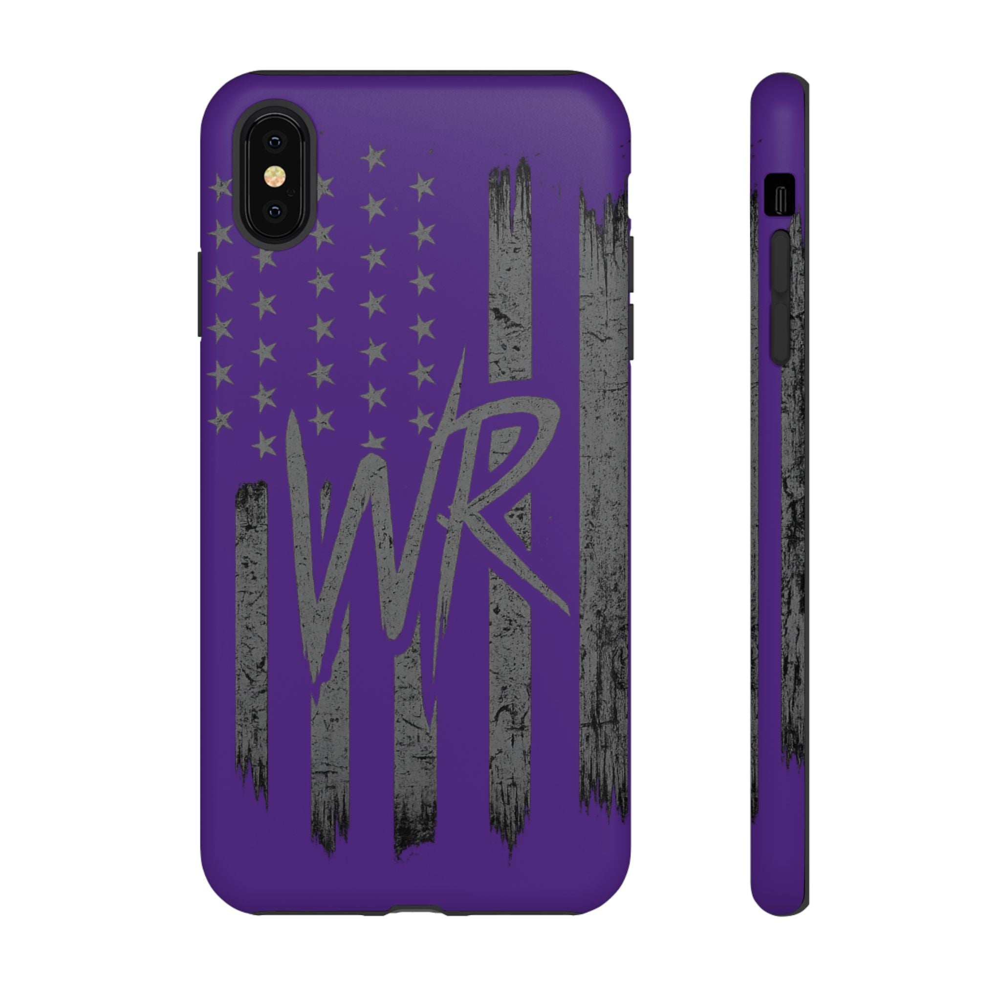 Purple 'WR' flag Tough Phone Case by Printify, showcasing durable design and bold colors for smartphone protection.