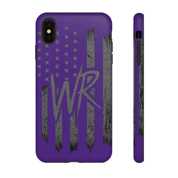 Purple 'WR' flag Tough Phone Case by Printify, showcasing durable design and bold colors for smartphone protection.
