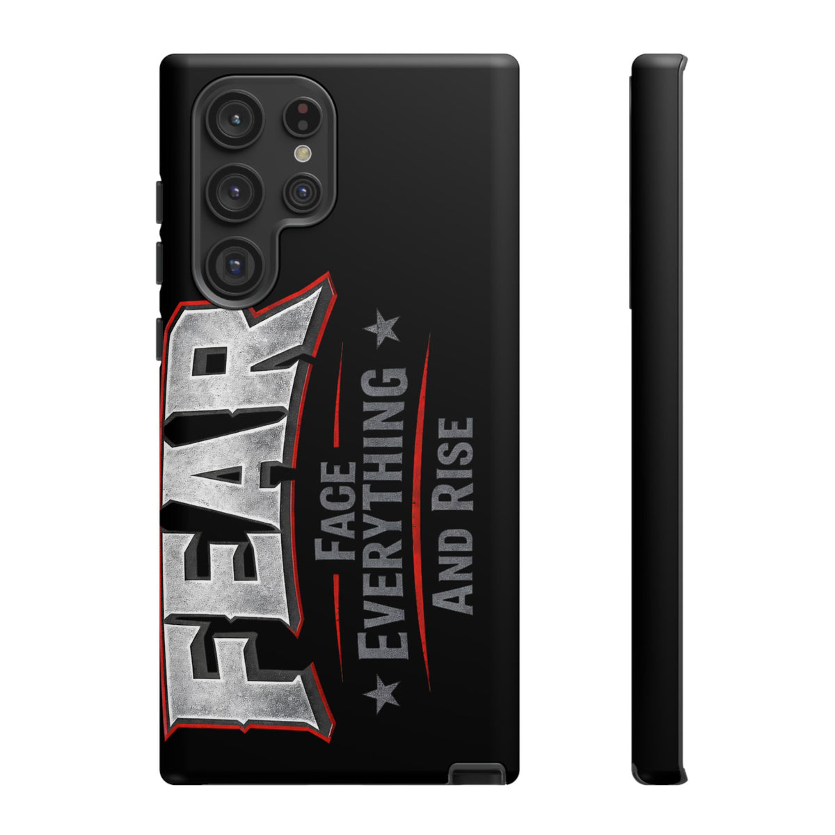 Fear Phone Case by Printify featuring a bold design with the phrase "Face Everything and Rise" on a sleek background.