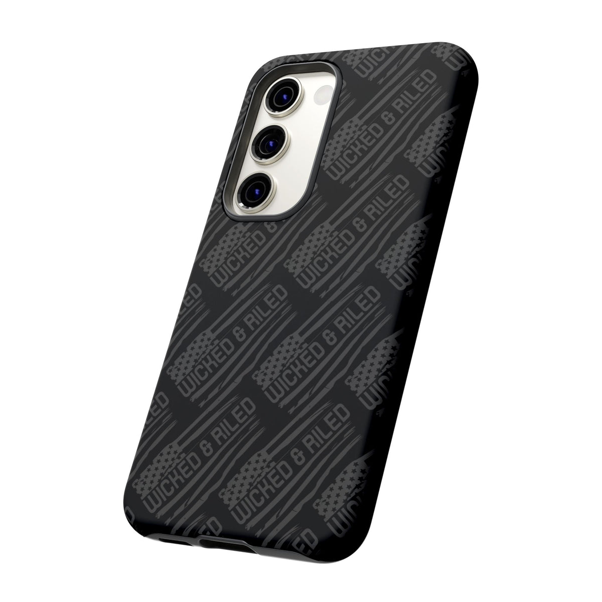 Rugged black protective phone case by Printify with a textured TOUGH CASES pattern, designed for durability and style.