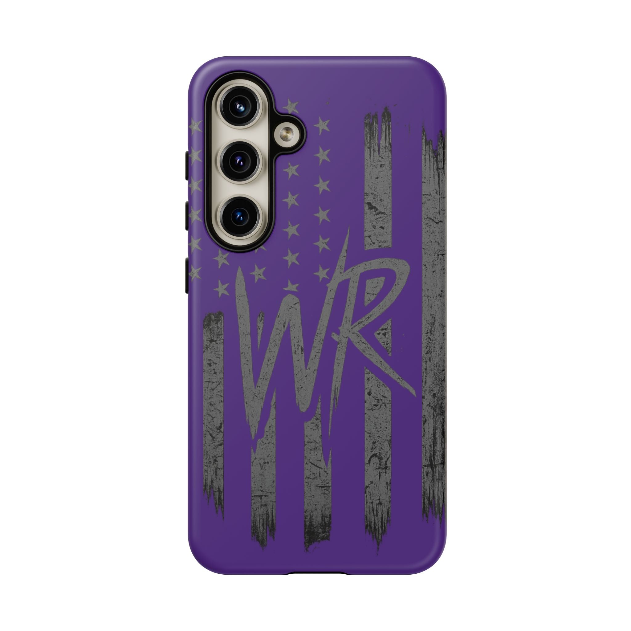Purple 'WR' Flag Tough Phone Case by Printify, showcasing a durable design with a vibrant flag pattern.