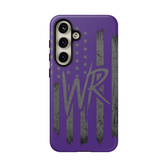 Purple 'WR' Flag Tough Phone Case by Printify, showcasing a durable design with a vibrant flag pattern.