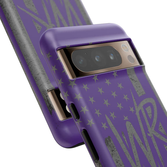 Purple 'WR' flag design on a tough phone case by Printify, showcasing durability and style for mobile protection.
