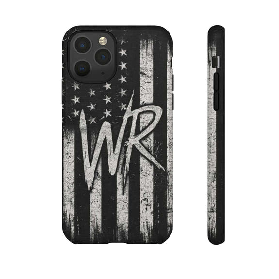 Distressed American flag phone case by Printify featuring a monogram 'WR' for a patriotic look.