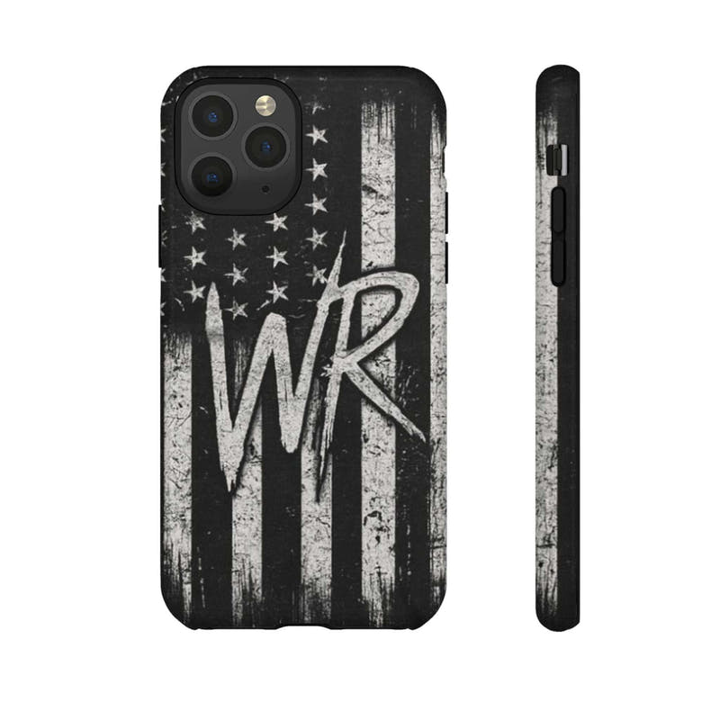 Distressed American flag phone case by Printify featuring a monogram 'WR' for a patriotic look.