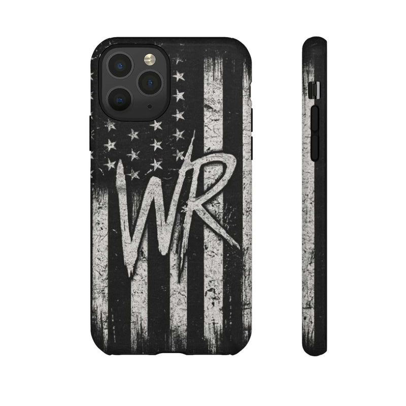 Distressed American flag phone case by Printify featuring a monogram 'WR' for a patriotic look.