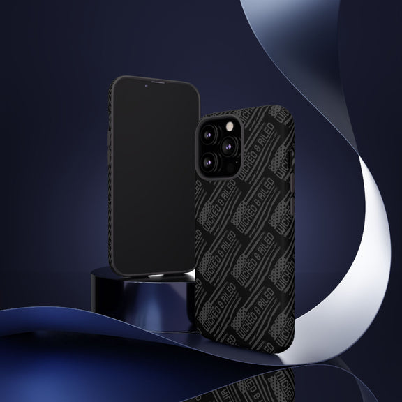 Rugged black protective phone case with "TOUGH CASES" text pattern by Printify, showcasing durable design and texture.