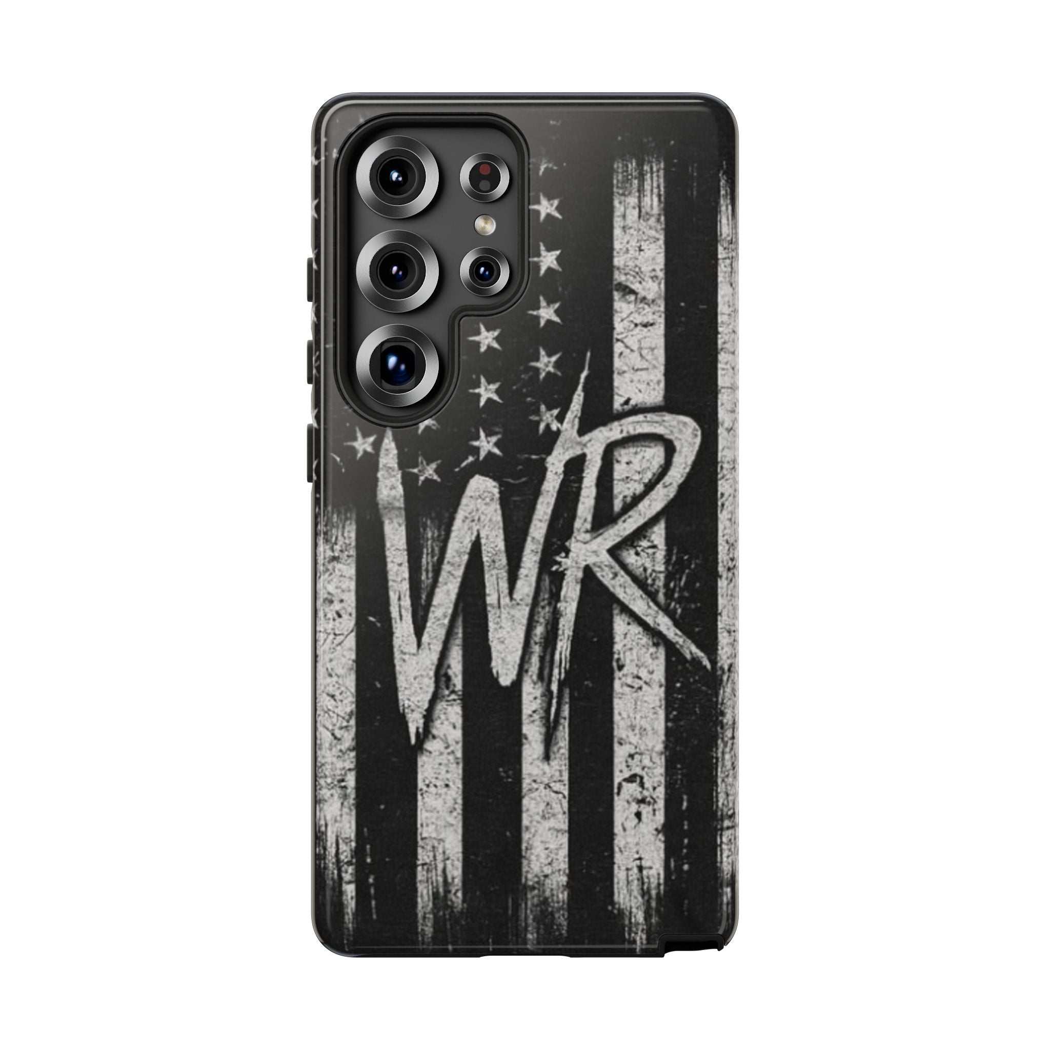 Distressed American flag design on a Patriotic Monogram Tough Phone Case featuring the initials WR by Printify.