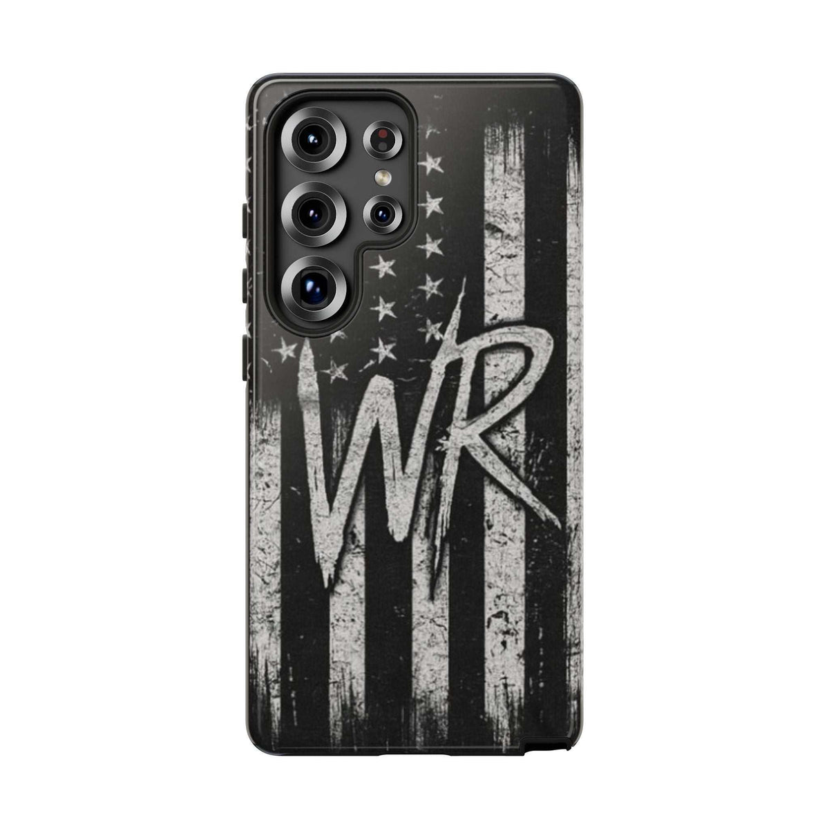 Distressed American flag design on a Patriotic Monogram Tough Phone Case featuring the initials WR by Printify.
