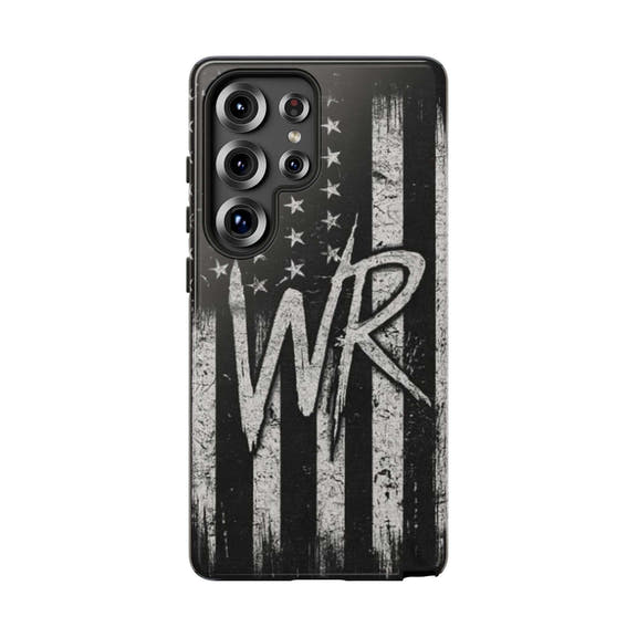 Distressed American flag design on a Patriotic Monogram Tough Phone Case featuring the initials WR by Printify.