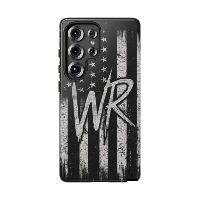 Distressed American flag design on a Patriotic Monogram Tough Phone Case featuring the initials WR by Printify.