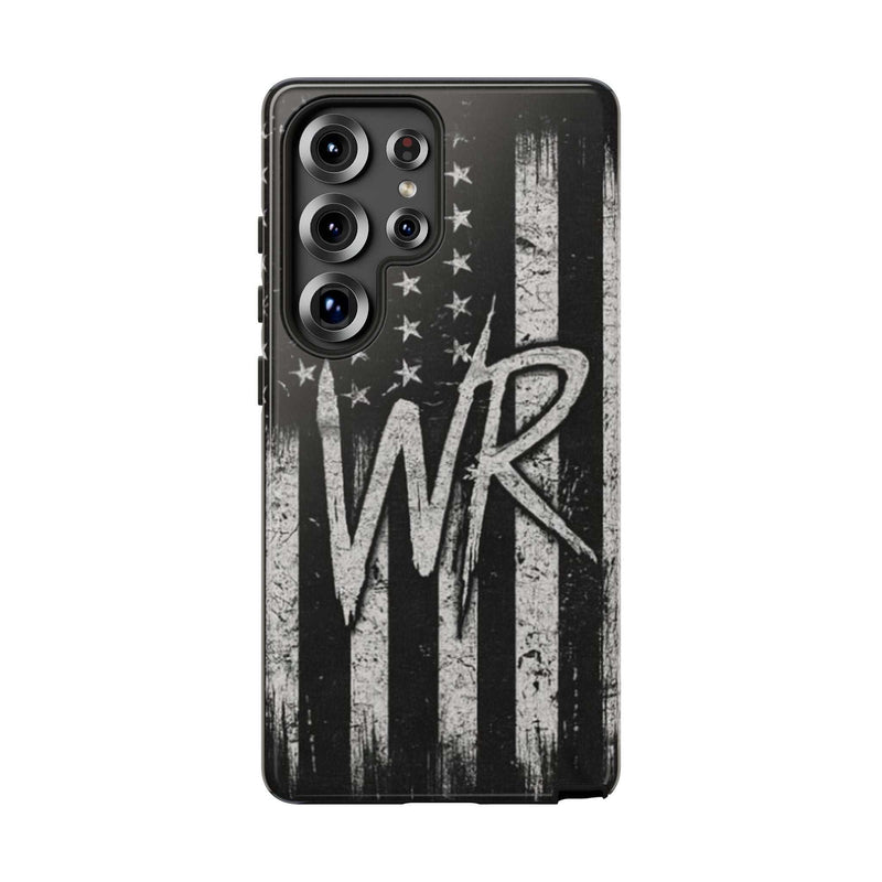Distressed American flag design on a Patriotic Monogram Tough Phone Case featuring the initials WR by Printify.