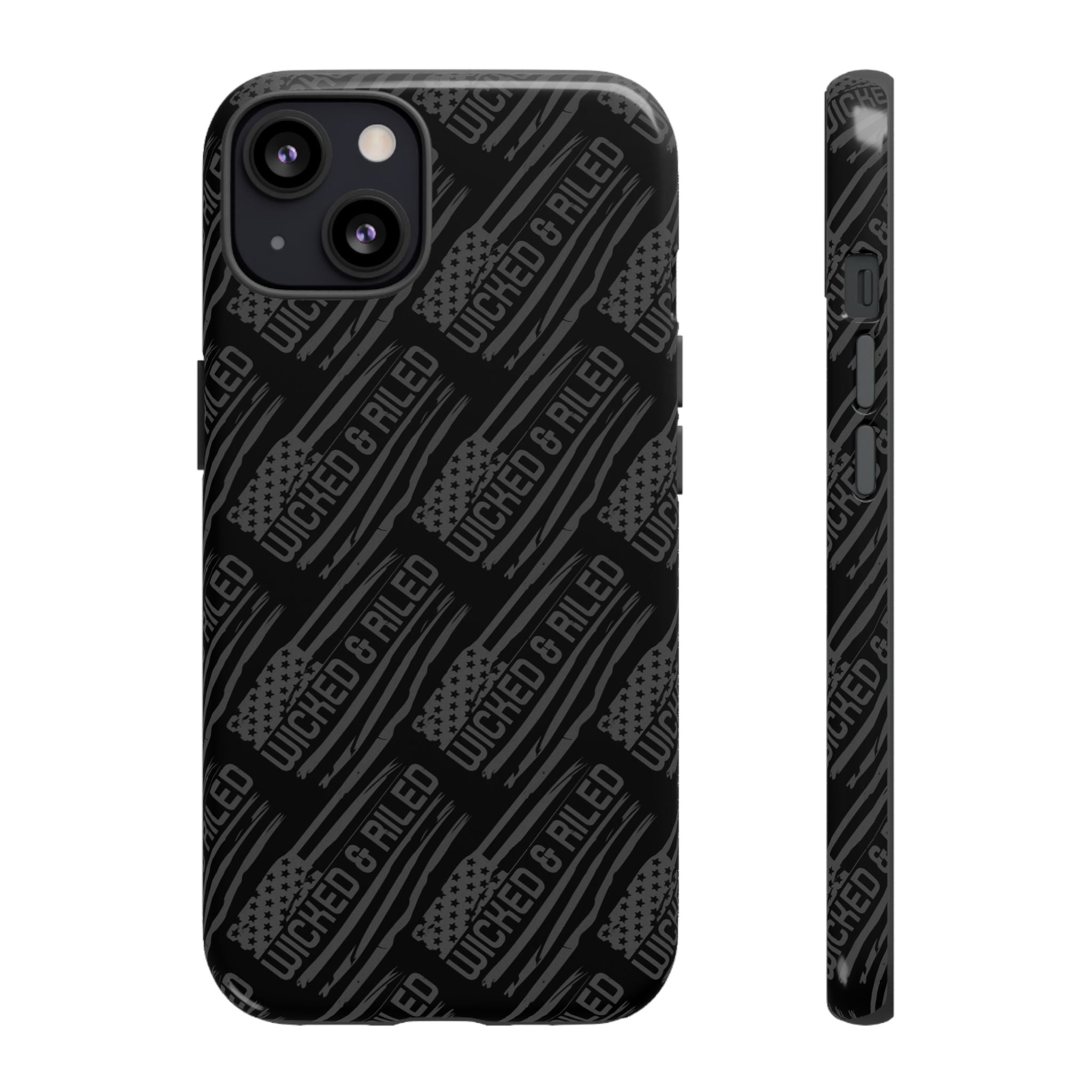 Rugged black protective phone case by Printify featuring a textured TOUGH CASES pattern for enhanced grip and durability.