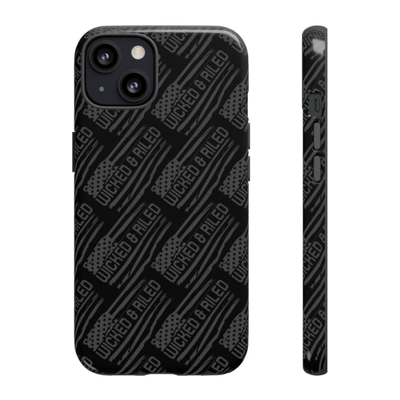 Rugged black protective phone case by Printify featuring a textured TOUGH CASES pattern for enhanced grip and durability.