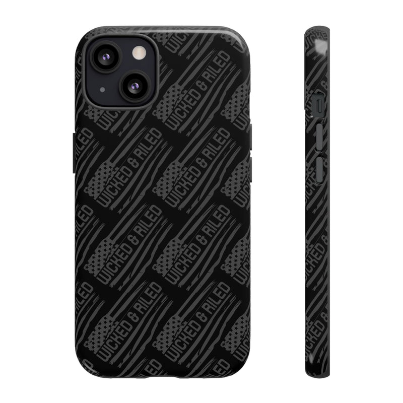 Rugged black protective phone case by Printify featuring a textured TOUGH CASES pattern for enhanced grip and durability.