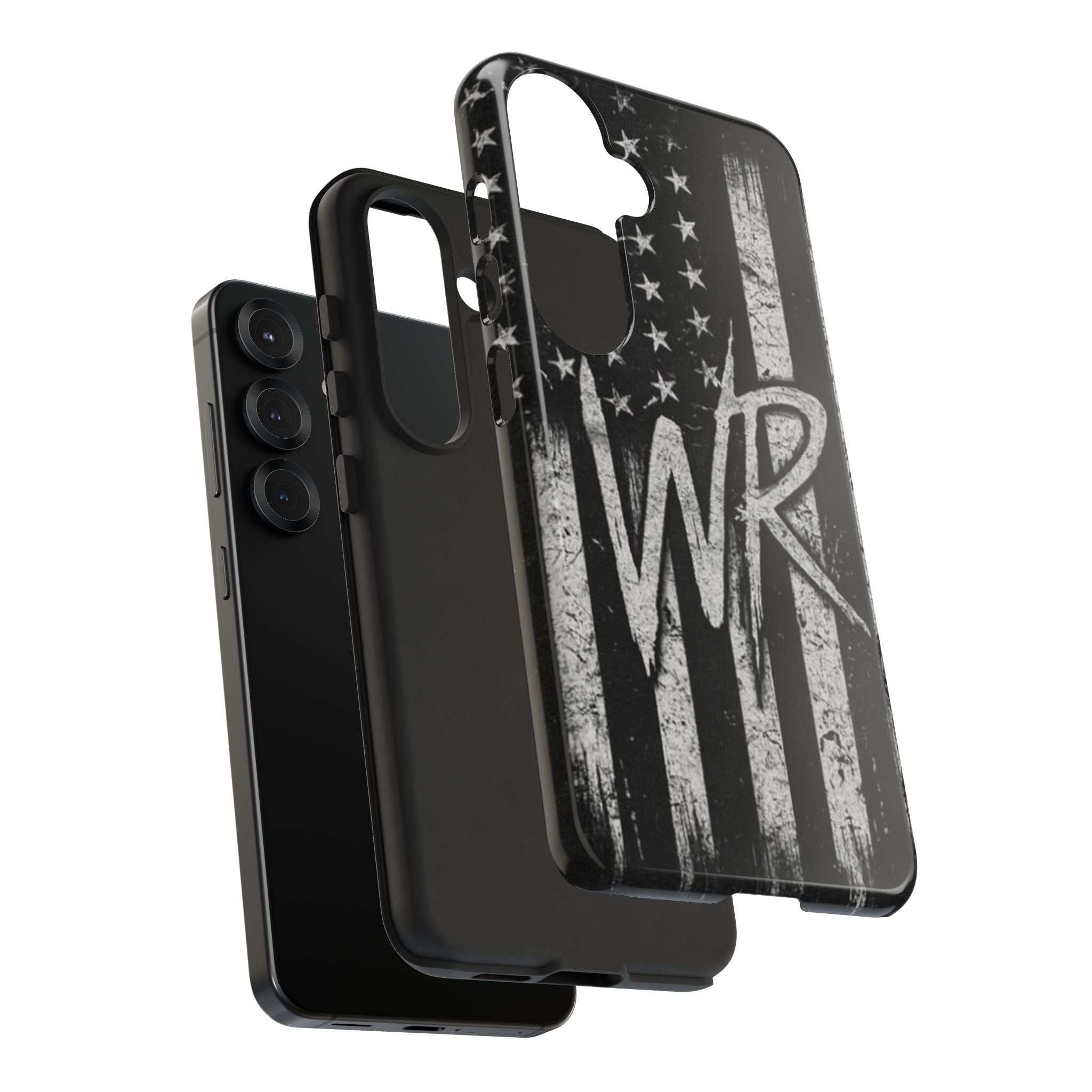 Distressed American flag phone case featuring a WR monogram, designed by Printify for tough protection.
