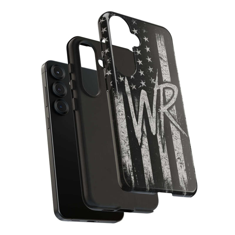 Distressed American flag phone case featuring a WR monogram, designed by Printify for tough protection.