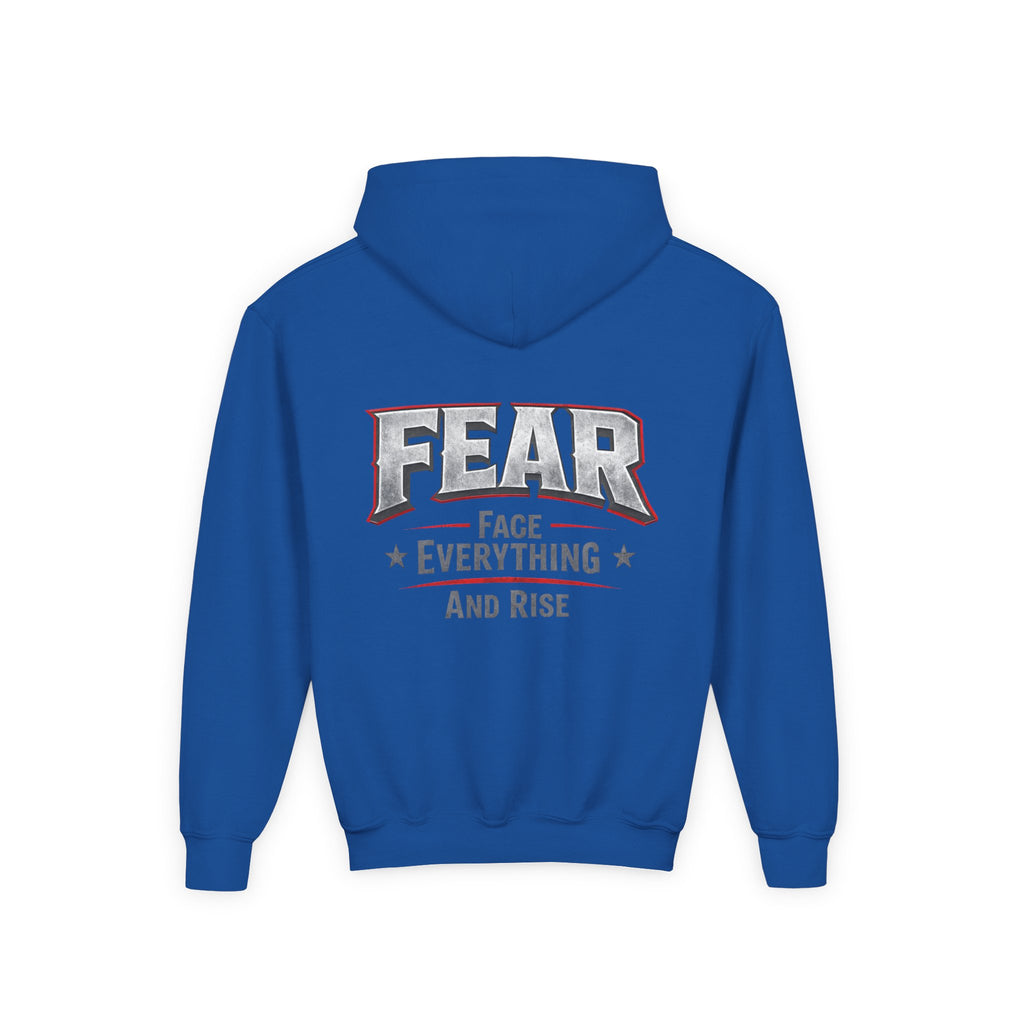 Youth Hoodie Distressed American Flag with 'WR' Front & 'Fear Face Everything And Rise' Motivational Back