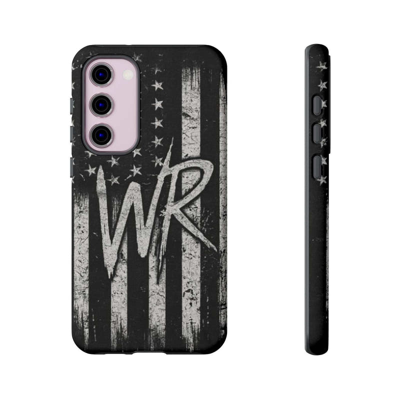 Patriotic monogram tough phone case featuring a distressed American flag design with the letters WR.