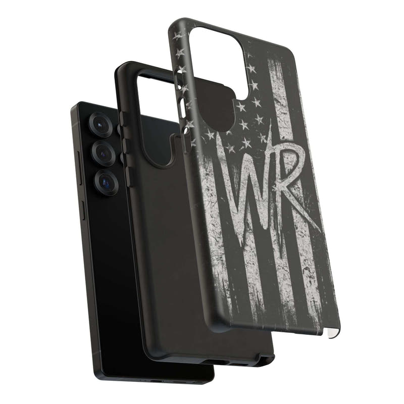 Patriotic monogram phone case featuring a distressed American flag design and initials WR by Printify.