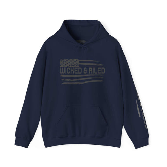 Distressed American logo on a Wicked & Riled pullover hoodie in a relaxed fit, showcasing a casual, stylish design.