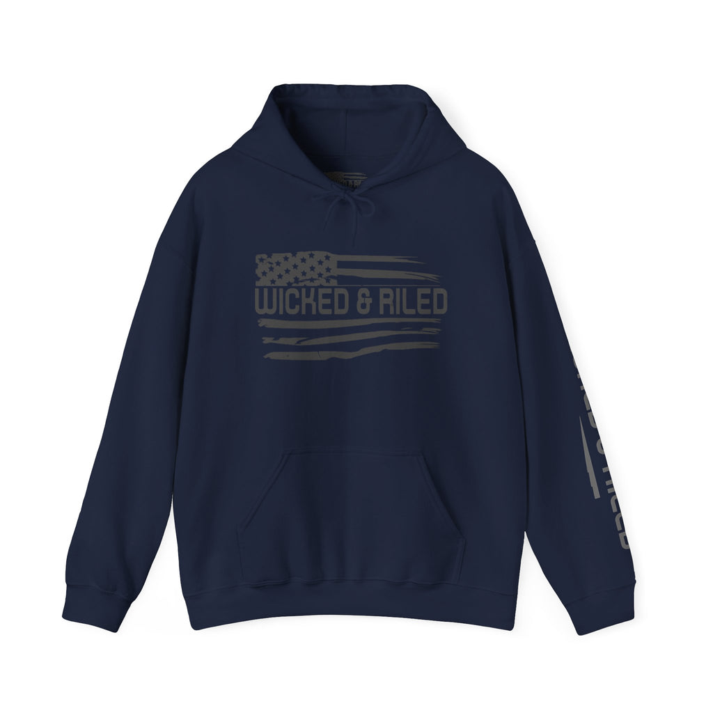 Wicked & Riled Flag Hoodie — Distressed American Logo Pullover