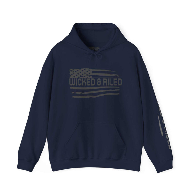 Distressed American logo on a Wicked & Riled pullover hoodie in a relaxed fit, showcasing a casual, stylish design.