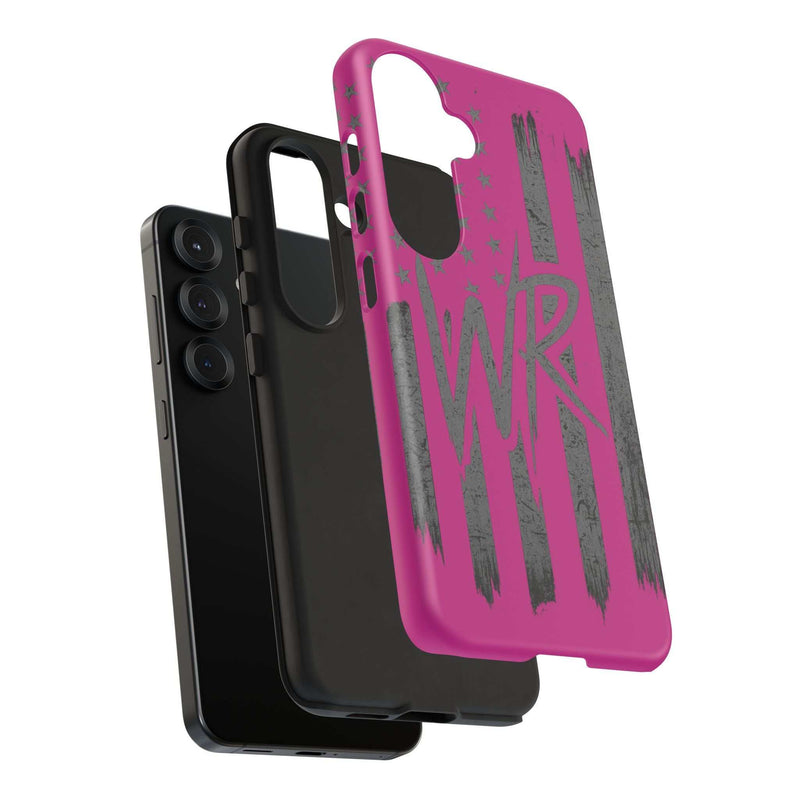 Pink 'WR' Flag Tough Phone Case by Printify, showcasing a durable design with a vibrant flag pattern.