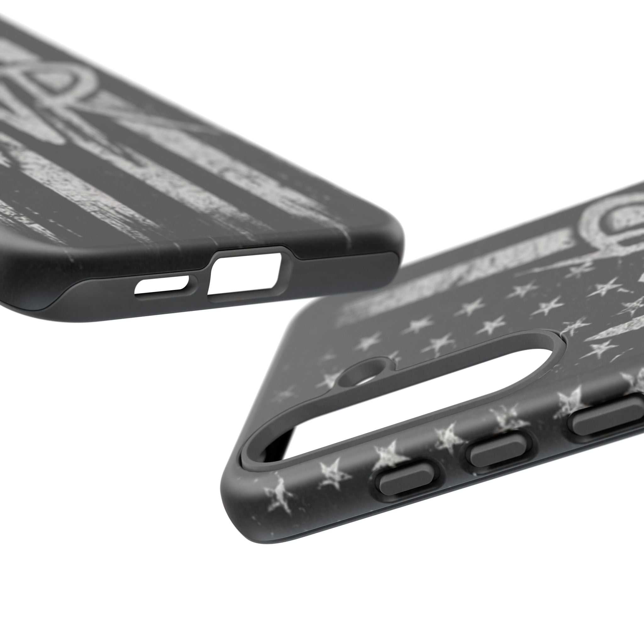 Distressed American flag phone case featuring a monogram "WR" by Printify, showcasing a tough design for protection.