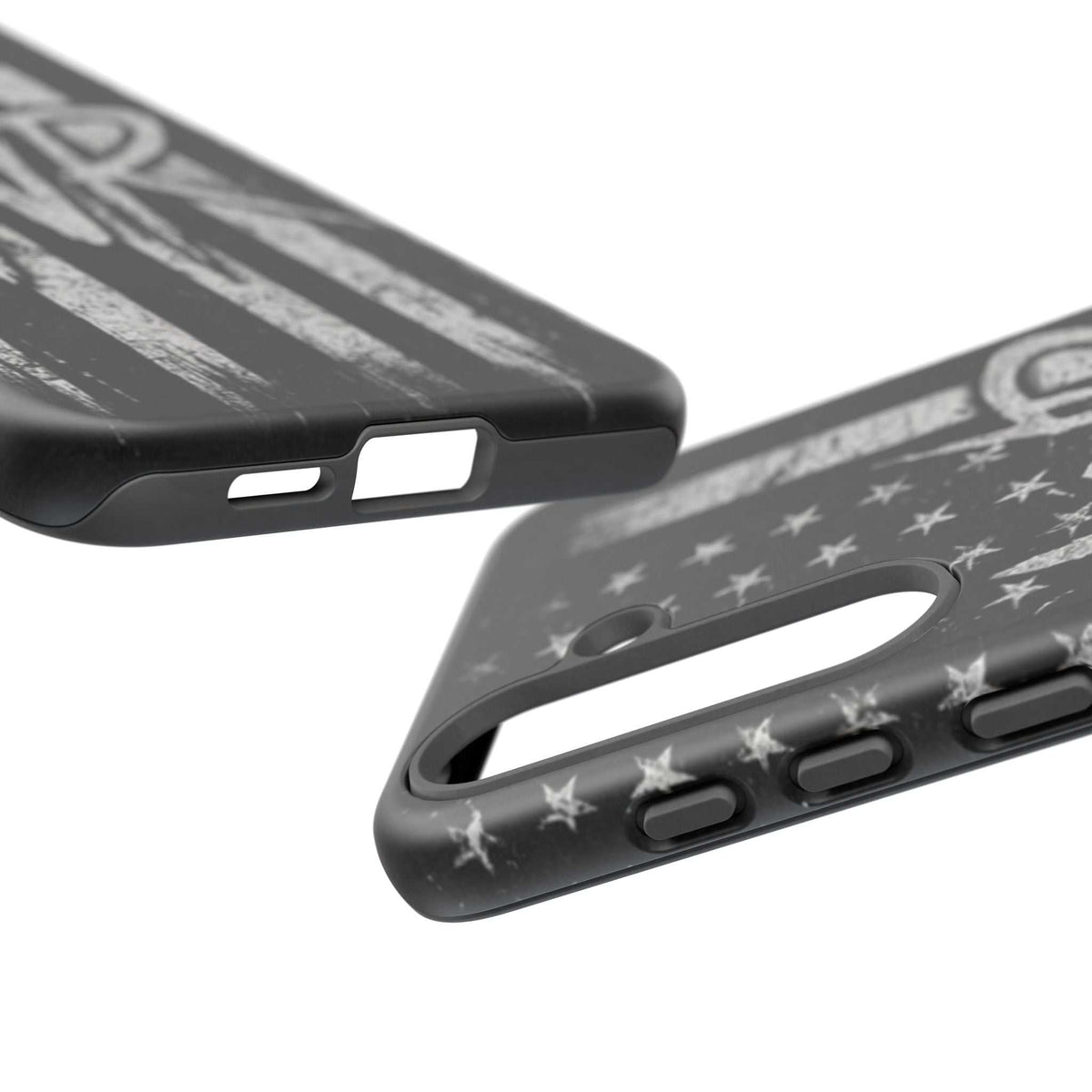 Distressed American flag phone case featuring a monogram "WR" by Printify, showcasing a tough design for protection.