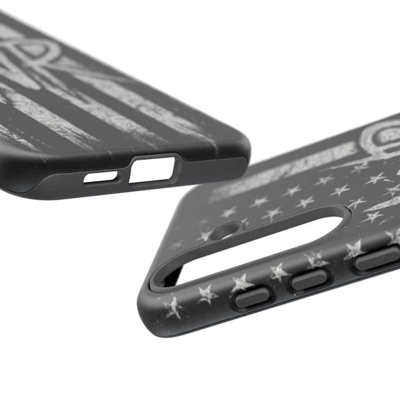 Distressed American flag phone case featuring a monogram "WR" by Printify, showcasing a tough design for protection.