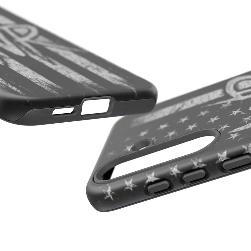 Distressed American flag phone case featuring a monogram "WR" by Printify, showcasing a tough design for protection.
