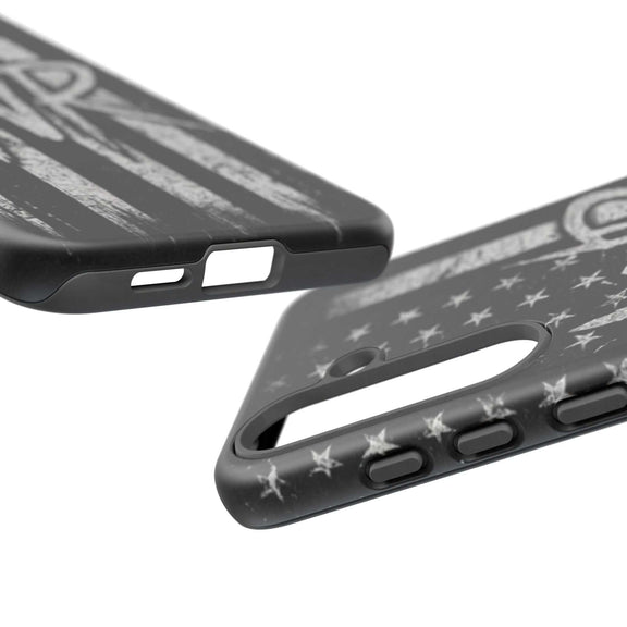 Distressed American flag phone case featuring a monogram "WR" by Printify, showcasing a tough design for protection.