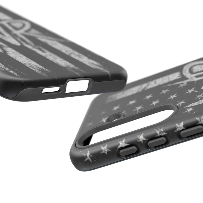 Distressed American flag phone case featuring a monogram "WR" by Printify, showcasing a tough design for protection.