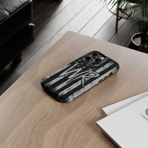 Patriotic monogram tough phone case featuring a distressed American flag design with the initials WR by Printify.
