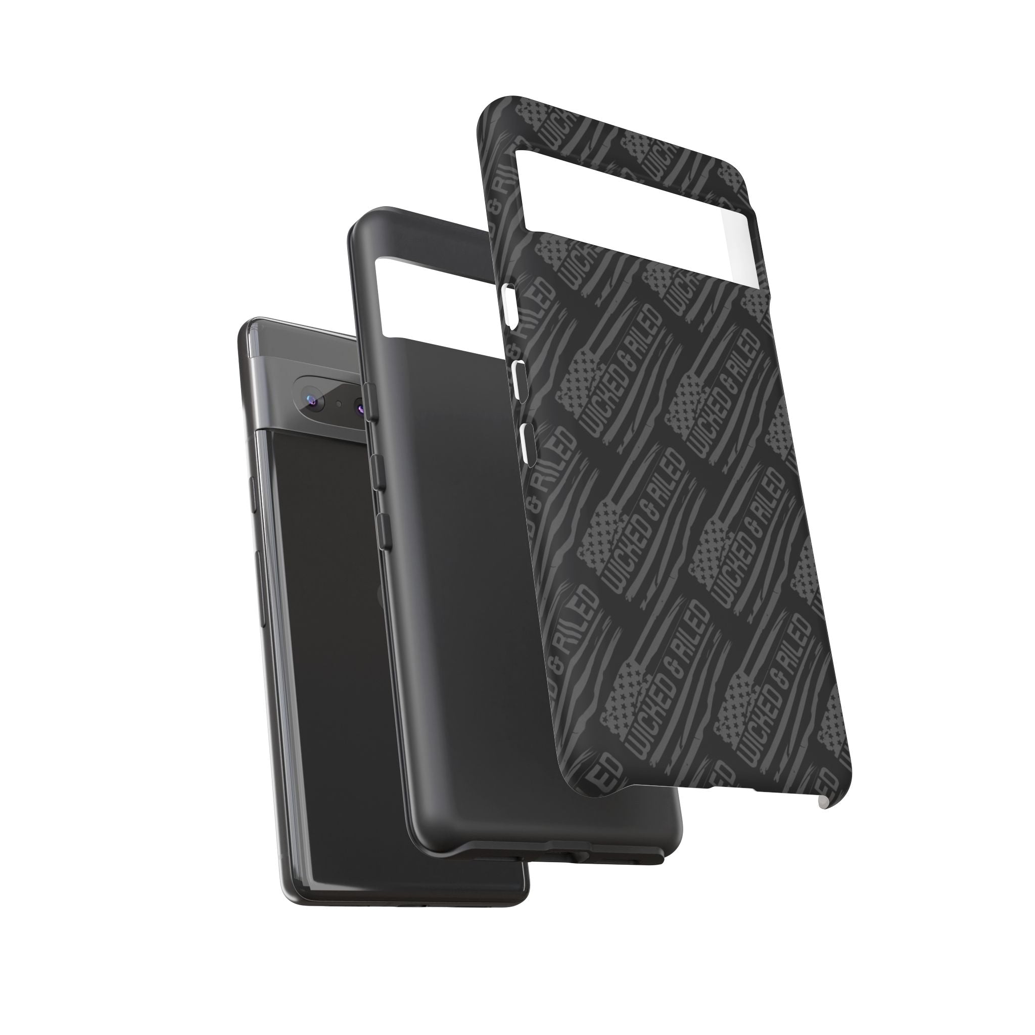 Rugged black protective phone case by Printify with a textured "TOUGH CASES" pattern, designed for durability.
