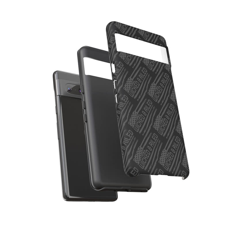 Rugged black protective phone case by Printify with a textured "TOUGH CASES" pattern, designed for durability.