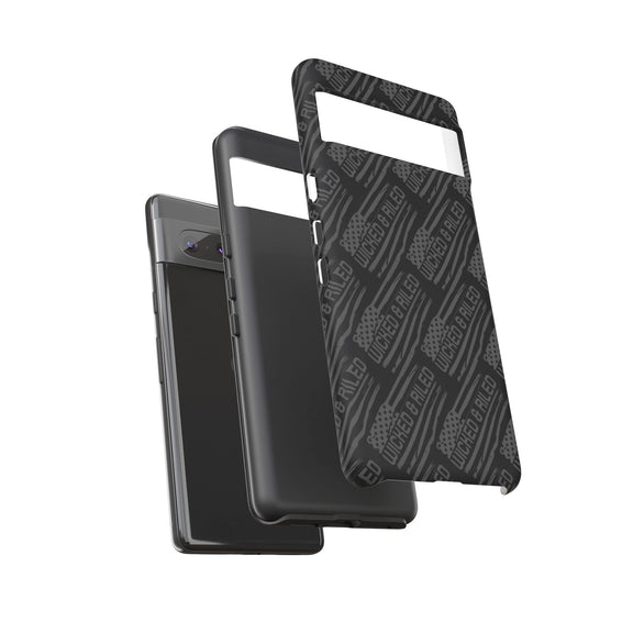 Rugged black protective phone case by Printify with a textured "TOUGH CASES" pattern, designed for durability.