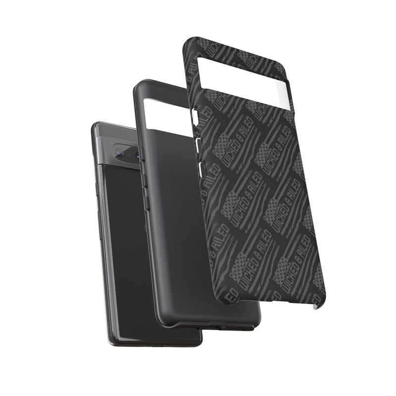 Rugged black protective phone case by Printify with a textured "TOUGH CASES" pattern, designed for durability.