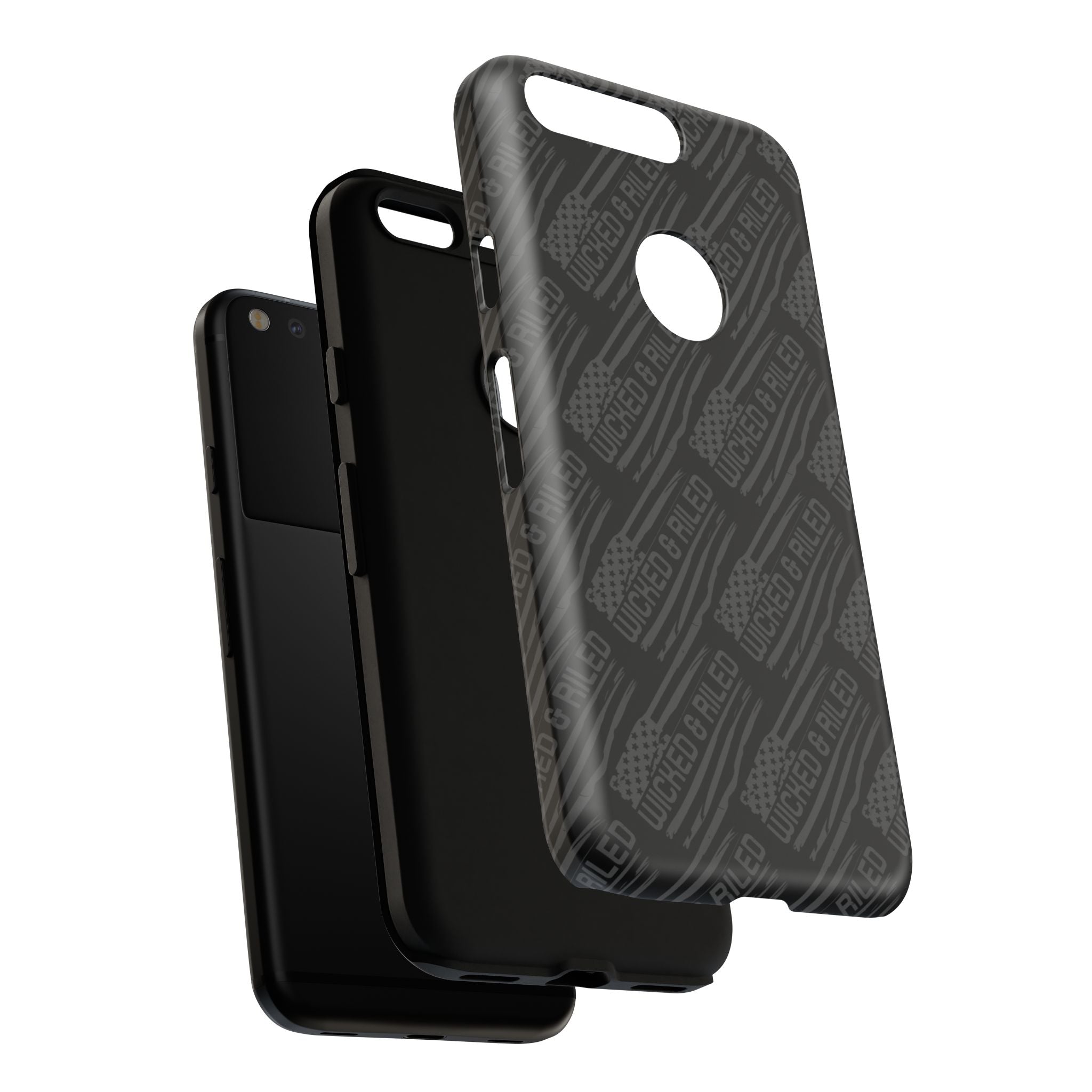 Rugged black protective phone case by Printify featuring a textured "TOUGH CASES" pattern for enhanced grip and durability.