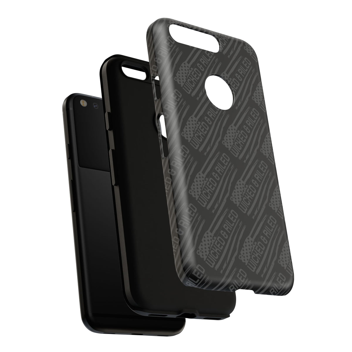 Rugged black protective phone case by Printify featuring a textured "TOUGH CASES" pattern for enhanced grip and durability.