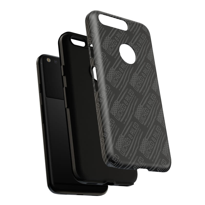 Rugged black protective phone case by Printify featuring a textured "TOUGH CASES" pattern for enhanced grip and durability.
